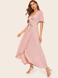 Bell Sleeve Surplice Wrap With Belt Dress Shein Usa Wanita
