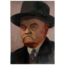 Similar Items to Mid 20th Century British Portrait of a Man with Mustache  in a Hat oil painting