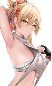 skai kun, yoimiya (genshin impact), genshin impact, absurdres, highres,  1girl, arm behind head, armpits, black gloves, blonde hair, breasts, chest  sarashi, detached sleeves, fingerless gloves, fingernails, gloves, hair  between eyes, hair ornament,