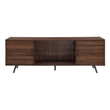 This media console is equipped with a roomy cabinet and open compartments to display (or hide away) books, electronics and more. Thomas Modern Wood And Glass Shelf 2 Door Tv Stand For Tvs Up To 80 Dark Walnut Saracina Home Target