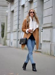 Black Boots With Blue Jeans Womens Women S Tan Shearling Coat Black Long Sleeve Blouse Light Blue Skinny Jeans Black Leather Ankle Boots Black Blouse Long Sleeve Light Blue Skinny Jeans Fashion
