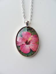 Pink Hibiscus Flower Pendant Necklace Metal And Glass Etsy Pendant Necklace Flower Pendant Pendant
