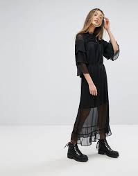 Gestuz Long Dress With Lace Detail Black Maxi Dress Prom Long Sleeve Mini Dress Ruffled Maxi Dress
