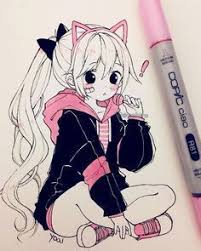Anime girls in hoodies drawings side view. Hoodie