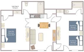 The beautifully appointed 1,628 sq ft. Floor Plan Two Bedroom Suite Fox Hotel Suites