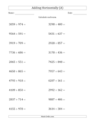 In addition to worksheets, you can download and print math card games and learning center task cards. The 4 Digit Plus 3 Digit Horizontal Addition A Math Worksheet From The Addition Worksheets Page At Math Math Practice Worksheets Math Subtraction Worksheets