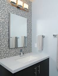 Absolute White Quartz Bathroom Vanity And Mix Mini Glass Mosaic Backsplash Mosaic Bathroom Tile Bathroom Tile Designs Bathroom Design