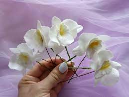White Tropical Orchid Flower Bridal Hairpiece For Beach Or Hawaiian Wedding Real Touch Flower Bridal Hair Pins White Dendrobium Orchids Orchid Hair Pins Bridal Hair Flowers
