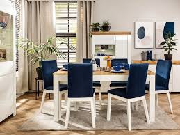 Dining tables dining chairs bench sets sideboards shelves bar stools high chairs dinnerware tableware lighting. Scandinavian Dining Room Furniture Set Four Blue Velvet Chairs And Table In White Oak Impact Furniture