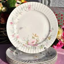 This dinner service consists of six porcelain dinner plates designed by prune nourry and jr, and fabricated by bernardaud. Royal Stafford Pastel Pink Floral English Vintage China Dinner Plates