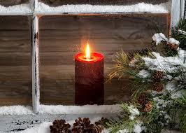 Christmas Red Candle With Snow Covered Home Window And Pine Tree Photograph By Thomas Baker