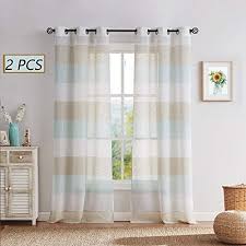 Central Park Tan And Spa Blue Stripe Sheer Shade Block Window Curtain Panel Linen Drape Thera Farm House Living Room Beach Curtains Linen Window Treatments