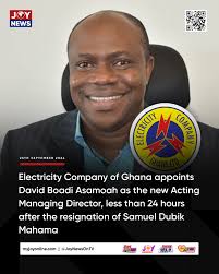 Electricity Company of Ghana appoints David Boadi Asamoah as the new Acting  Managing Director, less than 24 hours after the resignation of Samuel Dubik  Mahama. #JoyNews