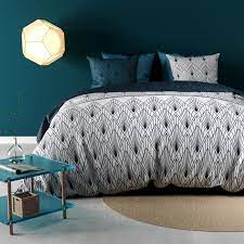 housse de couette et deux taies percale de coton 260 cm agdal bleu canard linge de lit en 2020 housse de couette couette bleue idees de lit