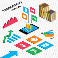 isometric design graph and pie chart bowling and casino icons