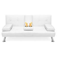 The center console opens for remote storage, and the two cup holders keep your beverages within. White Faux Leather Convertible Sofa Futon With 2 Cup Holders On Sale Overstock 29819068