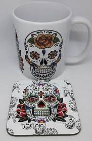 Day Of The Dead Dia De Los Muertos Coffee Mug With Coasters Day Of The Dead Sugar Skull Figurines Peru Folk Art