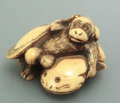 瓢鮎図 大津絵 象牙根付 netsuke monkey 2 character
