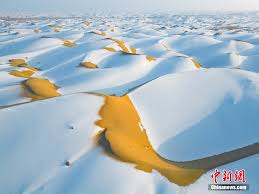 After snowfall, the yellow desert sand, covered with an expanse of ...