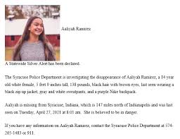 Maybe you would like to learn more about one of these? Wndu On Twitter It Takes 2 Seconds To Share Police Are Searching For Aaliyah Ramirez 14 From Syracuse In She Has Black Hair Brown Eyes Was Last Seen Wearing A Black Zip