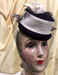 Vintage 1940s Navy Wool Tilt Hat With Off White Cotton Pique Etsy Art Deco Fashion Veiled Hats Film Noir