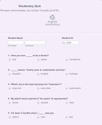 In these language trivia questions and answers, learn about certain words, expressions, meanings, origins, and more. Vocabulary Quiz Form Template Jotform