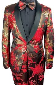 Mens suit 2 piece suit navy blue wedding business church regular classic fittop rated seller. Mens Floral Prom Tuxedo Slim Fit Tux Red Gold Bowtie Alberto Vienna