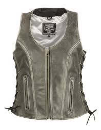 Ladies Distressed Gray Open Neck Leather Vest W Side Lace