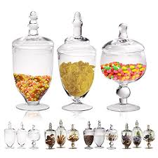 These glass apothecary jars is great for displaying decorative spheres, fruit, stones, flowers, or any other item you wish to coordinate with your decor. Glass Apothecary Jars With Lids Set Of 3 Kitchen Canisters Bathroom Organizers Candy Buffet Decorative Storage Party And Wedding Centerpiece The Frumcare Store