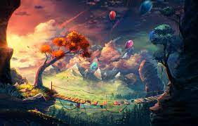 Download Hd Wallpapers Of 86915 Anime Artwork Fantasy Art Mountain Bridge Balloons Sylar Clouds Free Down Sky Painting Art Wallpaper Colorful Landscape