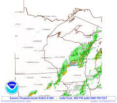 Severe thunderstorm watches are issued when atmospheric conditions are favourable for the development of thunderstorms that could produce one or more of the following: Storm Prediction Center Severe Thunderstorm Watch 203