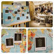 Diy Wedding Idea Mounted Map As Seating Chart For A Travel Themed Wedding With Table Lists Fashioned After Polaroid Pictures Pinned Onto The Board