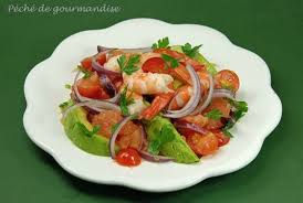 Mélanger les crevettes, les morceaux d'avocat. Salade De Crevettes Pamplemousse Et Avocat Au Piment Peche De Gourmandise