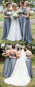 A Line Bateau Floor Length Grey Chiffon Bridesmaid Dress With Lace Backless Bridesmaid Dress Gray Chiffon Bridesmaid Dress Grey Bridesmaid Dresses