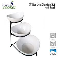 A two tier or three tier stand in an unexpected shape or color, but always in harmony with your theme, will provide all the necessary attraction to your creations. Food Serving Bowl Set 3 Tier Metal Display Stand With 3 White Stoneware Bowls Dessert And Snack Server Buffet Server Bowl Lazada Ph
