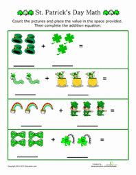 Shamrocks, leprechauns, rainbows, and pots of gold make math practice festive while reinforcing essential math skills. St Patrick S Day Picture Addition Worksheet Education Com St Patricks Day Crafts For Kids Holiday Worksheets Kindergarten Addition Worksheets