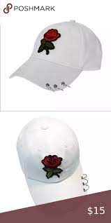 Metal Rings Rose White Hat White Hat Rose White Embroidered Rose
