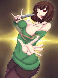 1girls breasts brown hair chara closed eyes clothed clothing  exposed breasts female female only half naked heart knife open mouth red  eyes smiling solo tight clothing undertale voluptuous winking 