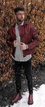 Tobilikee With A Fall Combo Idea With An Oxblood Leather Jacket Gray Button Up Shirt Wrist Accessories Black De Mens Fashion Smart Mens Outfits Mens Fashion