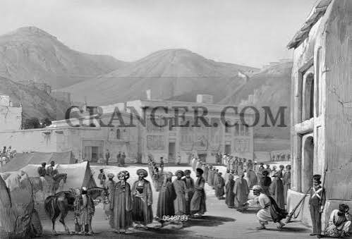 Image of SHAH SHUJA (1780-1842). - Shah Of Afghanistan, 1803-1810 And 1839-1842. Shah Shuja Seated On A Balcony As Civilians And Soldiers Assemble In Front Of Him At His Quarters In Kabul,