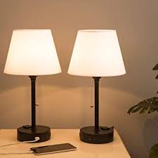 Bedside table lamps modern desk lamp, small nightstand lamps set of 2 with metal base and blue fabric shade for bedroom, office Focondot Bedside Lamps Table Lamp With Useful Dual Usb Ports A Power Outlet Minimalist White Shade Usb Nightstand Lamp Desk Lamp Perfect For Bedroom Living Room Or Office 2 Packs Table