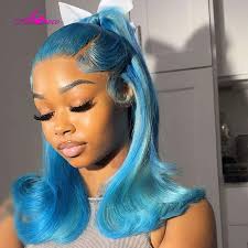 613 Human Hair Wig Short Bob Style Bright Blue Lace Front Wig For Women  Brazilian Baby Hair Transparent Lace Lightweight For Daily Use