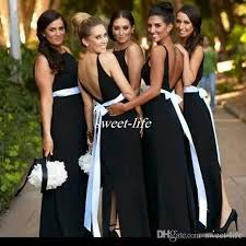 Elegant Black And White Bridesmaid Dresses Backless Sash Split Floor Length Chiffon 2016 Plu Bridesmaid Dresses Maid Of Honour Dresses White Bridesmaid Dresses