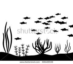 Background Ocean Floor Clipart Black And White Seaweed At The Bottom Of The Sea And School Fish Vector Silhouette Fish Silhouette Fish Drawings Sea Life Art