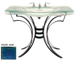 blue glass wash basin with stand
