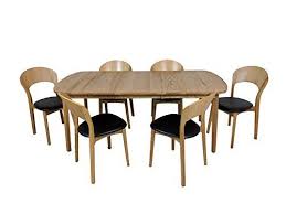 Scandinavian Oiled Oak Dining Set With 6 Chairs Black Leather Seats And Extendable Table Oak Dining Sets Black Leather Seating Table