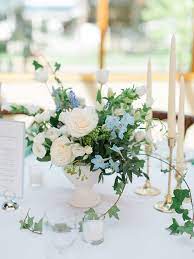 New Jersey Wedding Real Wedding Classic And Clean Blue Flower Arrangements Blue Flower Centerpieces Blue Centerpieces