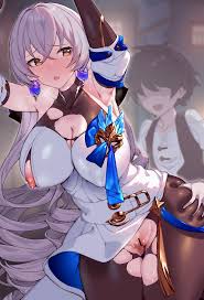 kanjy00u, bronya rand, honkai: star rail, honkai (series), absurdres,  highres, 1boy, 1girl, age difference, black thighhighs, blush, breasts,  brown eyes, covered erect nipples, doggystyle, drill hair, earrings,  grabbing from behind, grey hair,