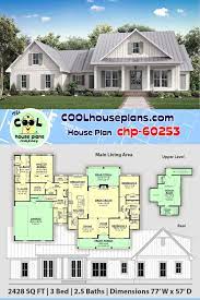 3 Bedroom Farmhouse Home Plan Chp 60253 Has 2498 Sq Ft And A Bonus Room Over Garage House Plans Farmhouse Country House Plans House Plans