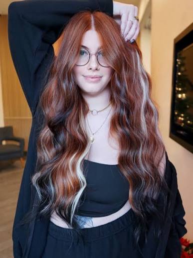 Calico Hair 🧡🤍🖤 Natural copper, black balayage and white color blocking  goes crazy #orlandohairstylist #orlandohair #calicohair